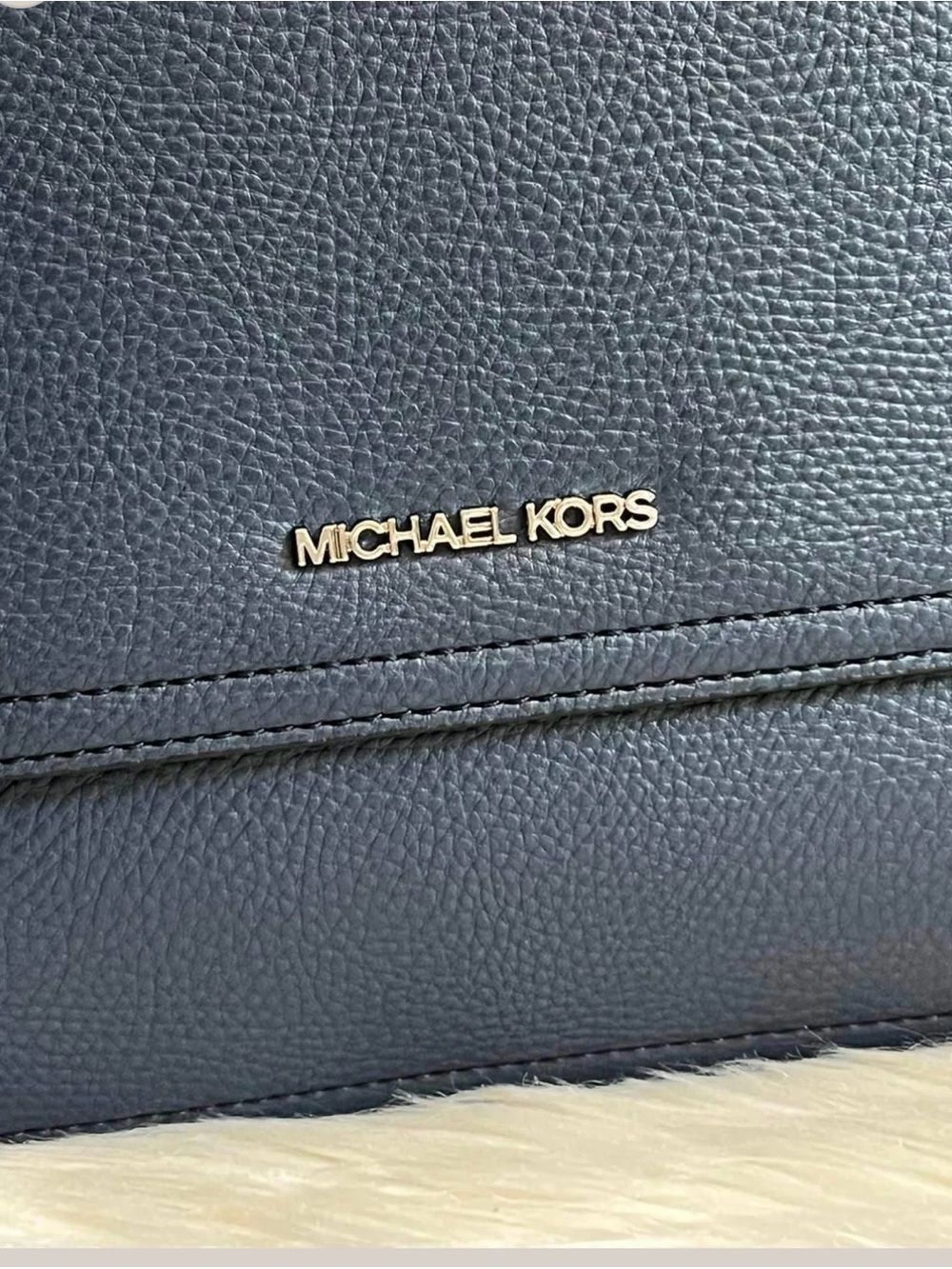 Michael Kors Dark Blue Pebbled Leather Shoulder Bag with Gold Logo
